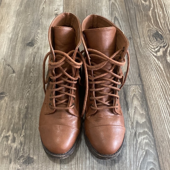 Bamboo Brown Lace Up Combat Boots 6 - Picture 2 of 9